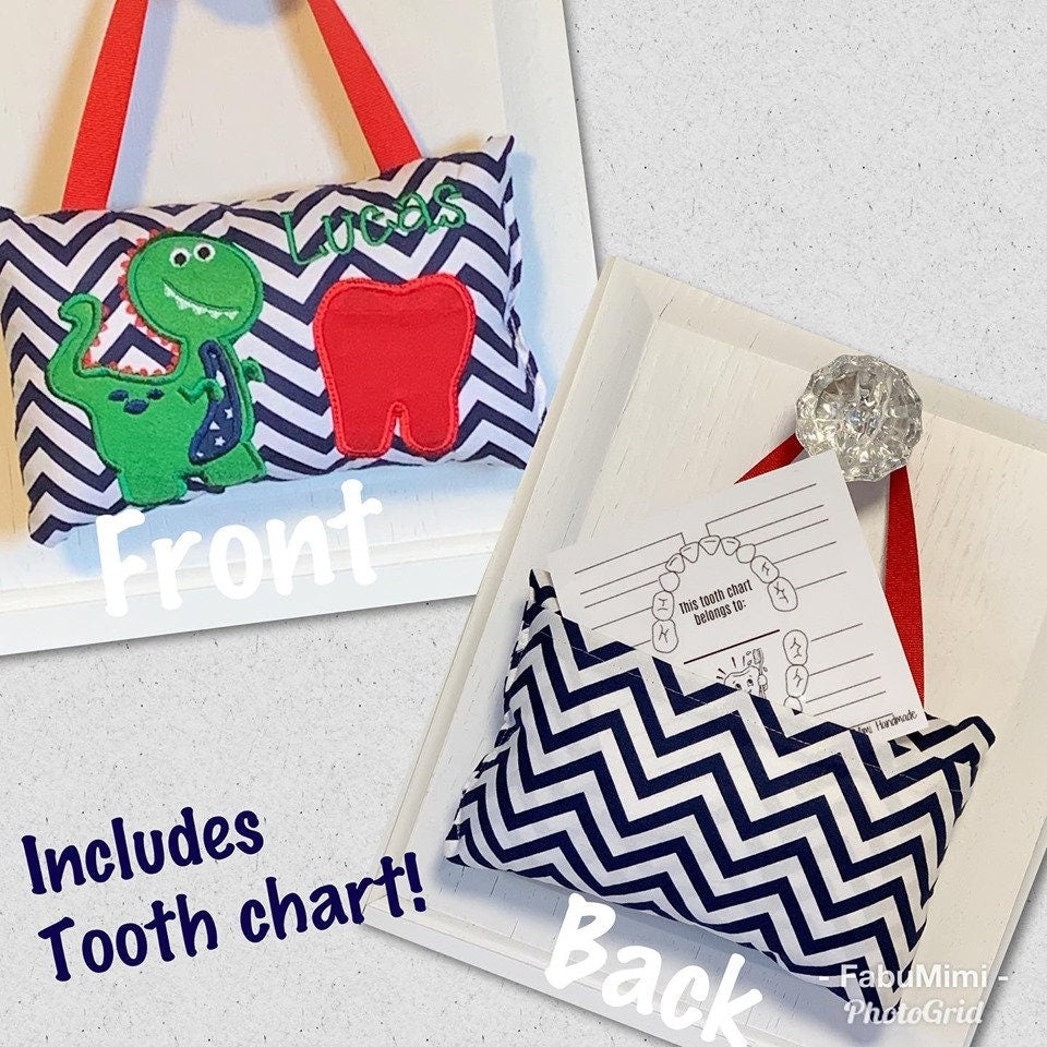 Boys personalized tooth fairy pillow dinosaur theme, tooth chart included! ,