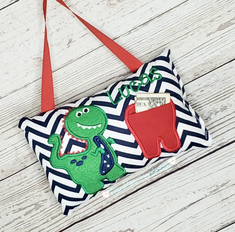 Boys personalized tooth fairy pillow dinosaur theme, tooth chart included! ,