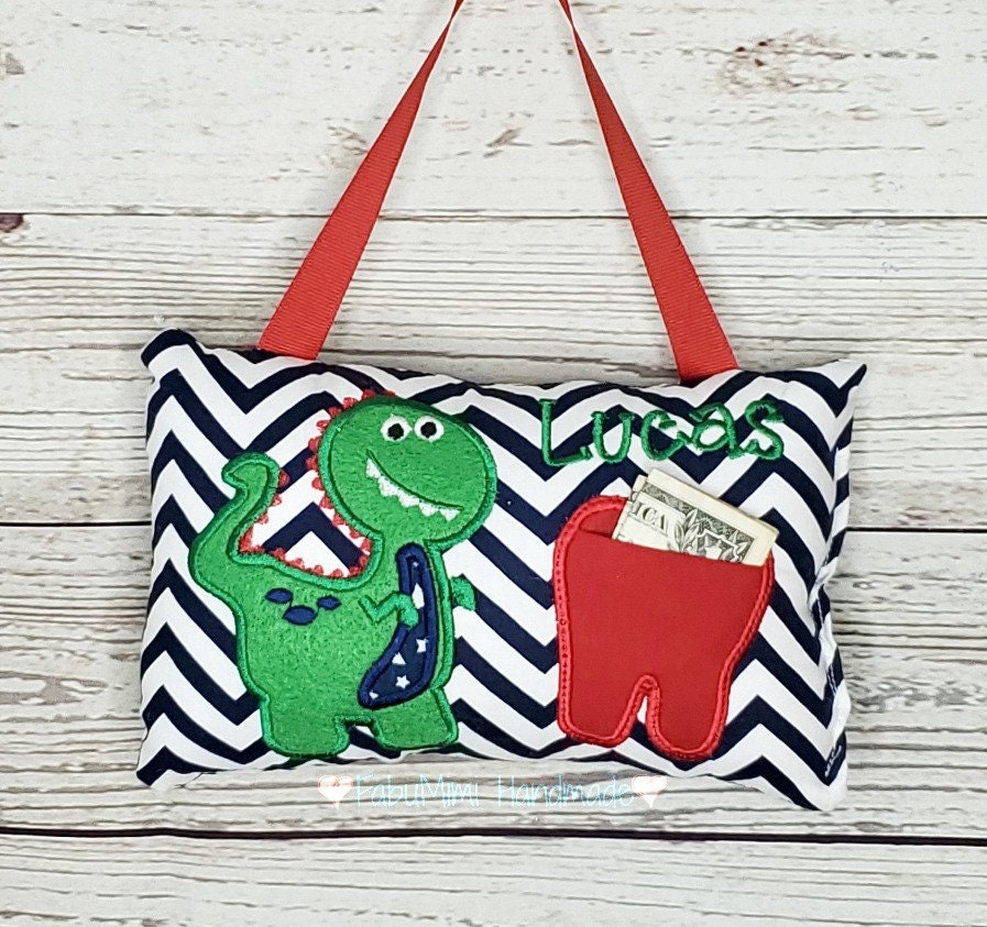Boys personalized tooth fairy pillow dinosaur theme, tooth chart included! ,