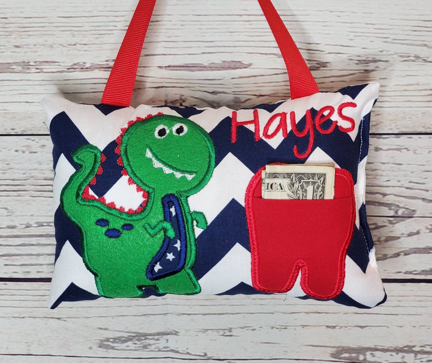 Boys personalized tooth fairy pillow dinosaur theme, tooth chart included! ,