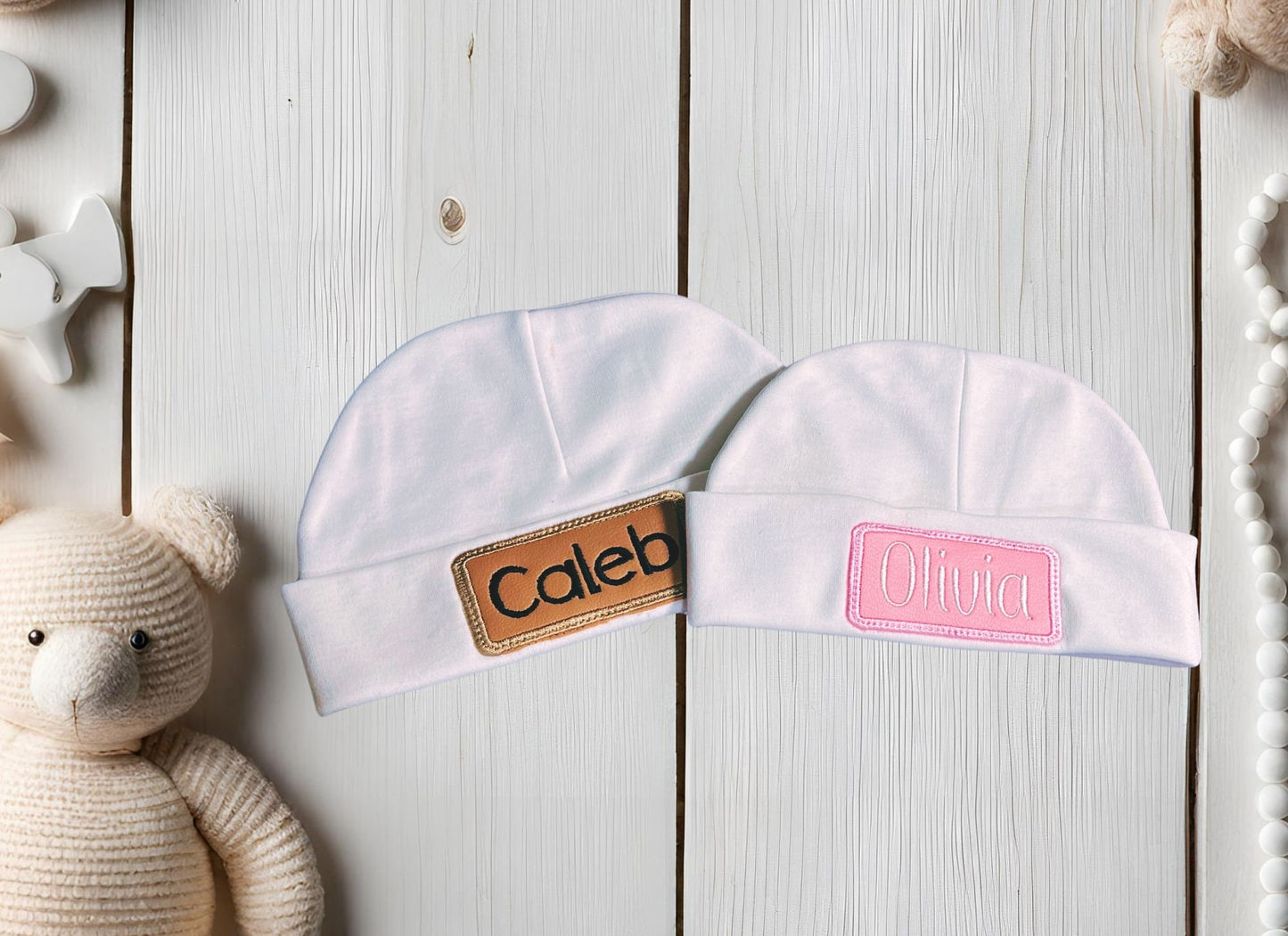 Personalized Embroidered Newborn Baby Hat with Faux Leather Patch - Newborn Baby Hat - Baby Hat - Birth Announcement - Baby Beanie