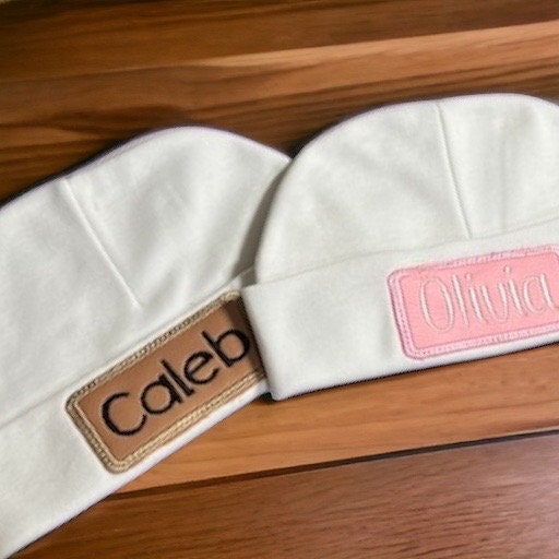 Personalized Embroidered Newborn Baby Hat with Faux Leather Patch - Newborn Baby Hat - Baby Hat - Birth Announcement - Baby Beanie
