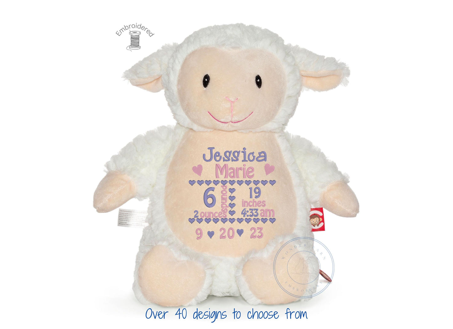 Personalized Embroidered Stuffed Animal - Personalized Baby Gift- Birth Announcement Stuffed Animal - Birth Stat animal - Newborn Gift Lamb