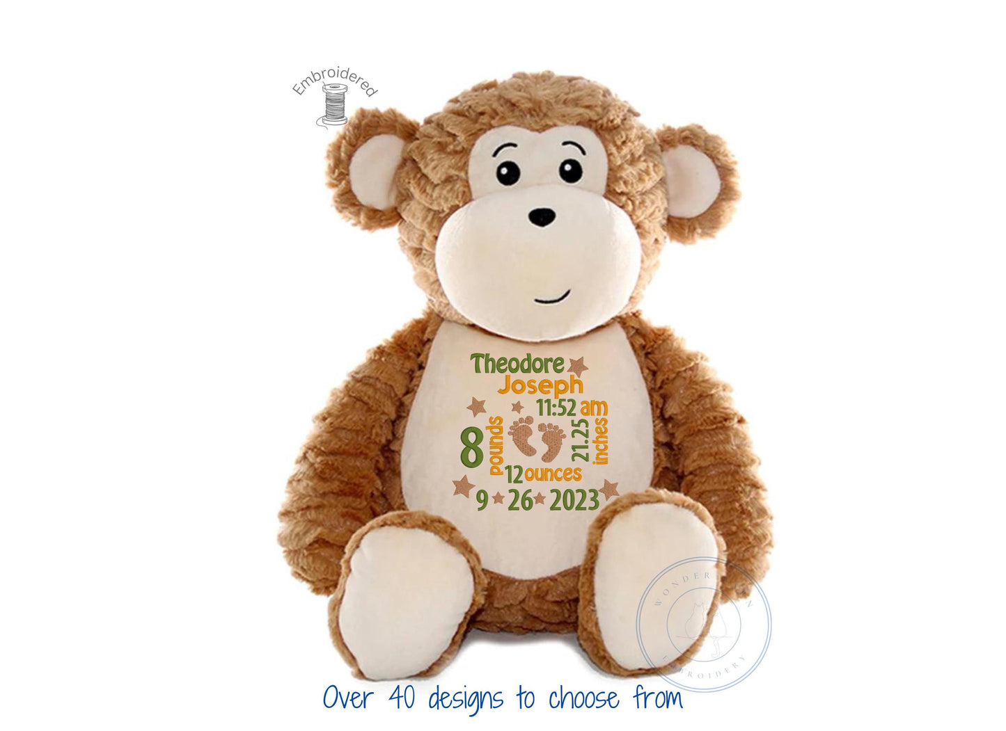 Personalized Embroidered Stuffed Animal - Personalized Baby Gift- Birth Announcement Stuffed Animal - Birth Stat Monkey - Newborn Gift