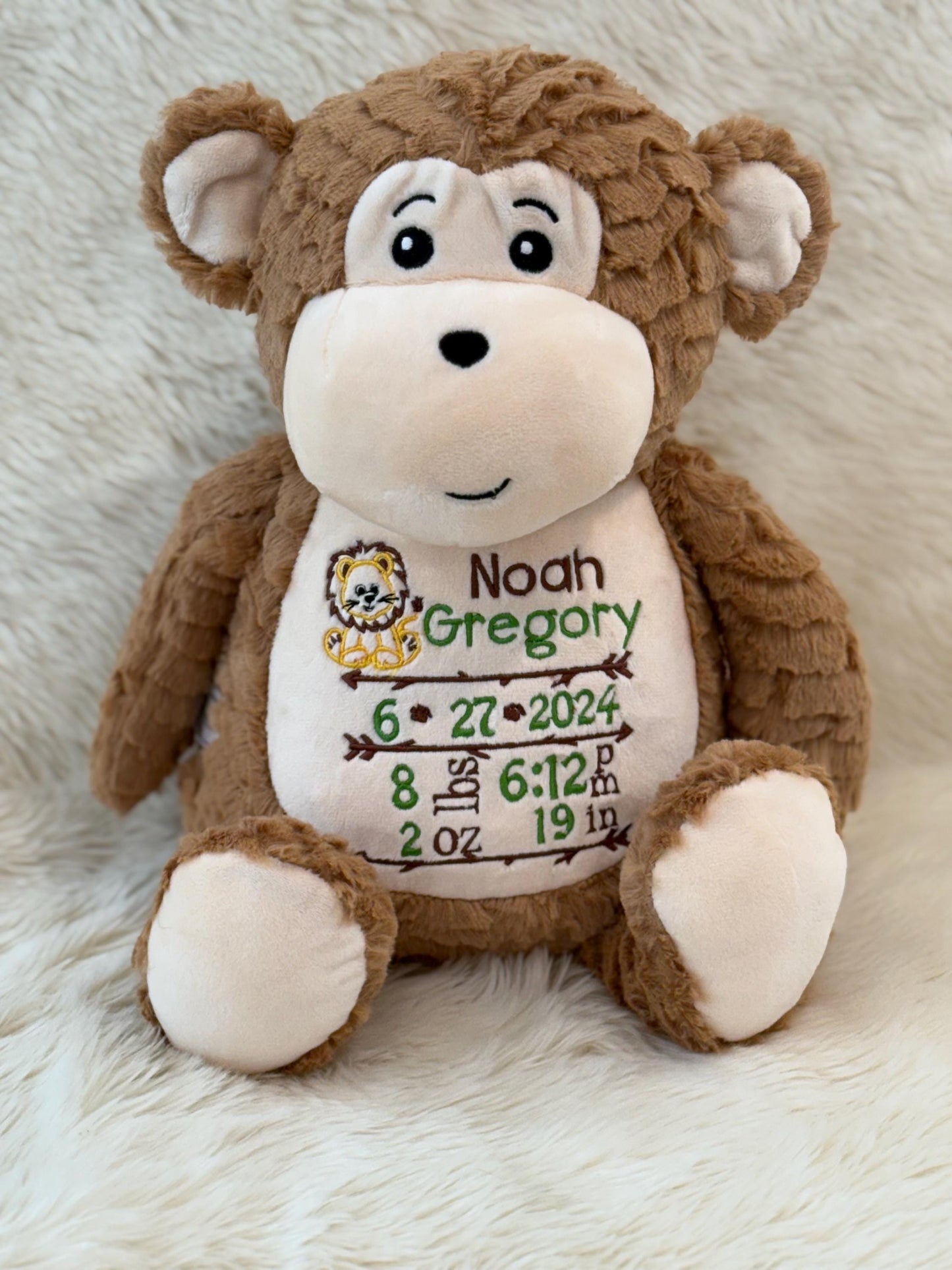 Personalized Embroidered Stuffed Animal - Personalized Baby Gift- Birth Announcement Stuffed Animal - Birth Stat Monkey - Newborn Gift