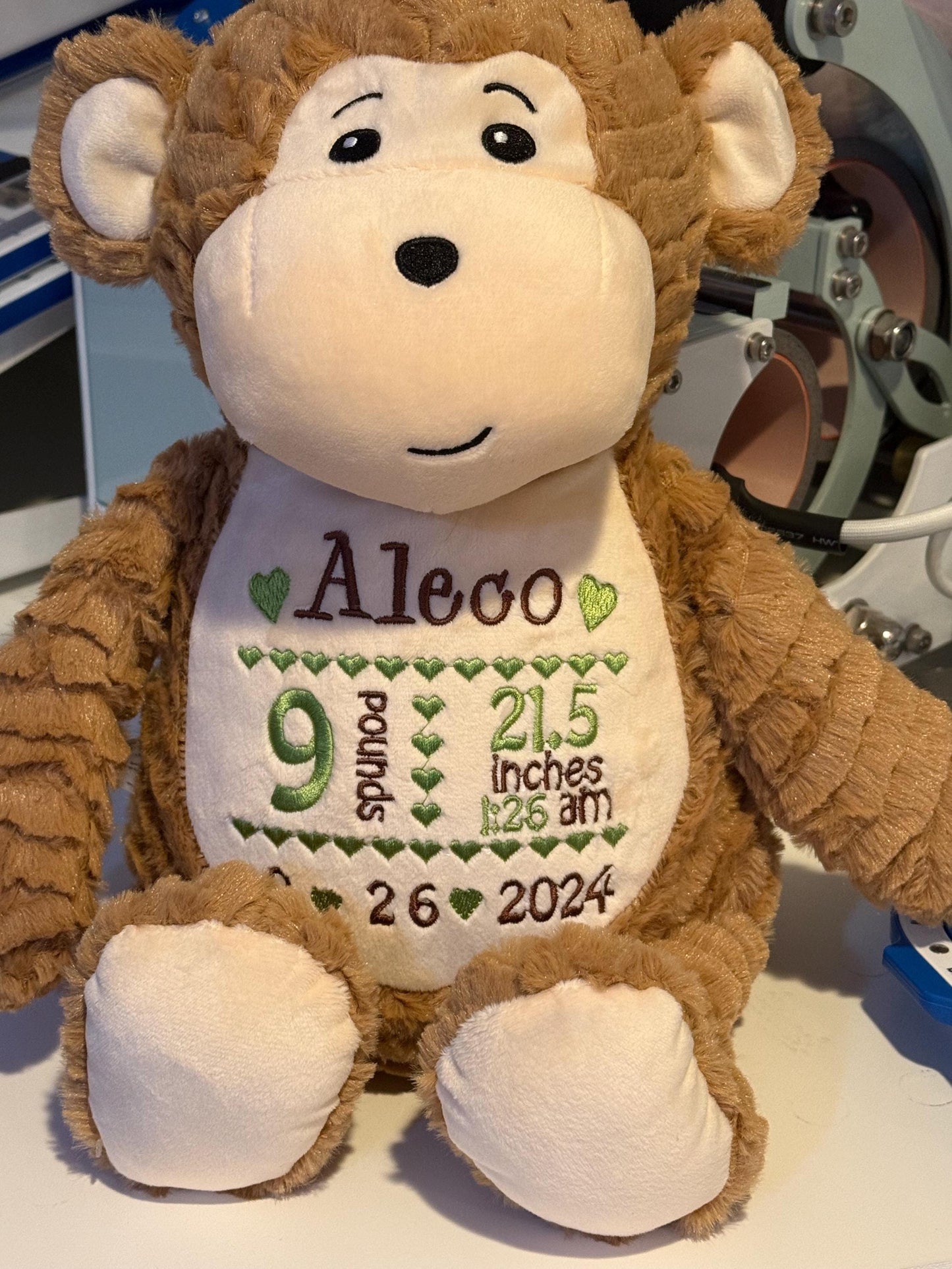 Personalized Embroidered Stuffed Animal - Personalized Baby Gift- Birth Announcement Stuffed Animal - Birth Stat Monkey - Newborn Gift