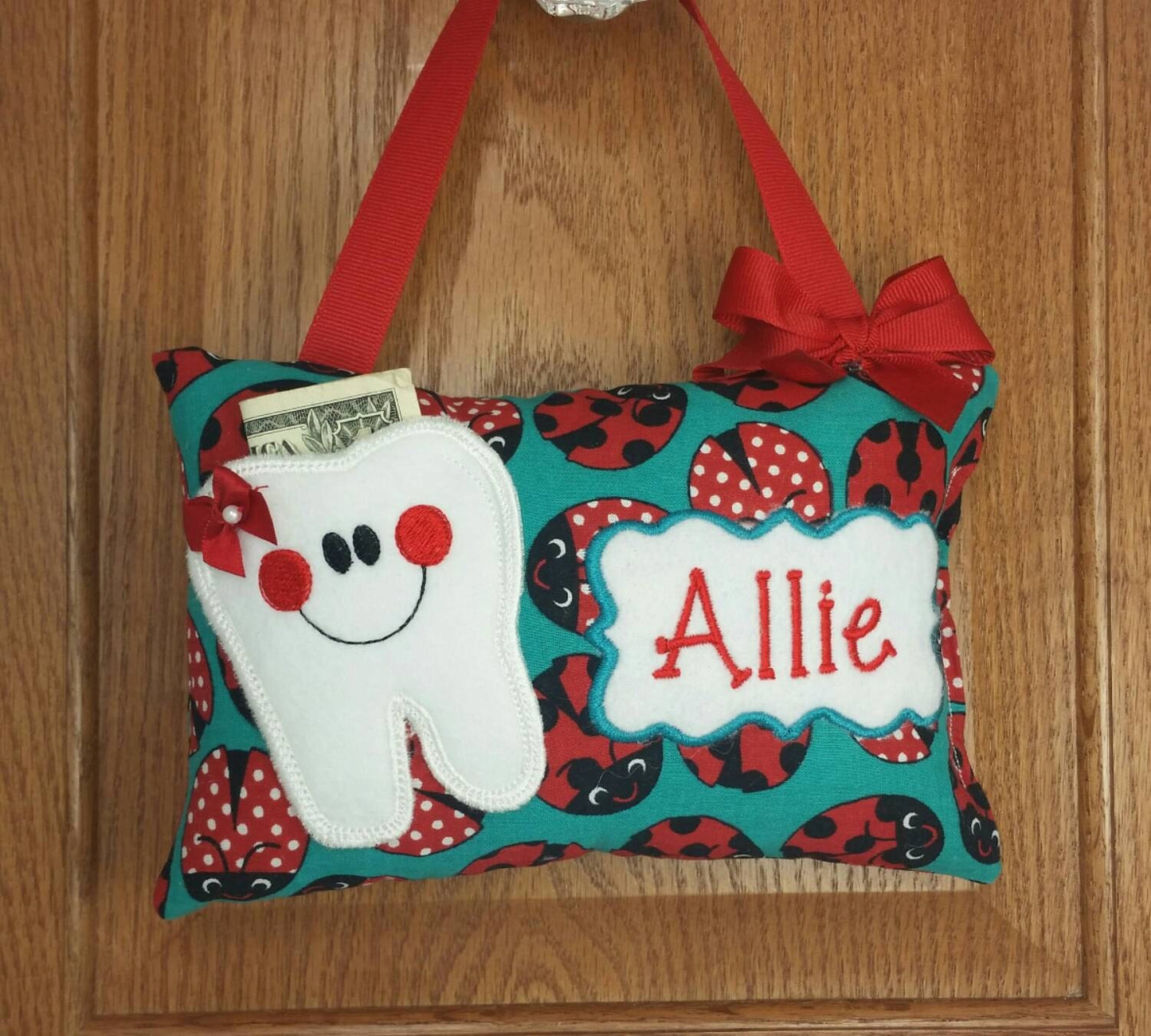 Personalized girls Tooth Fairy Pillow ladybug pattern, choose your version, optional tooth chart ,
