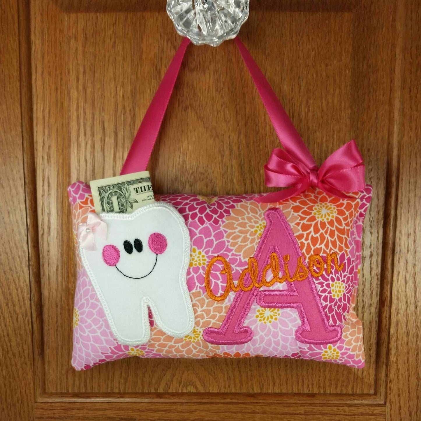 Girls personalized tooth fairy pillow flowers, optional tooth chart ,