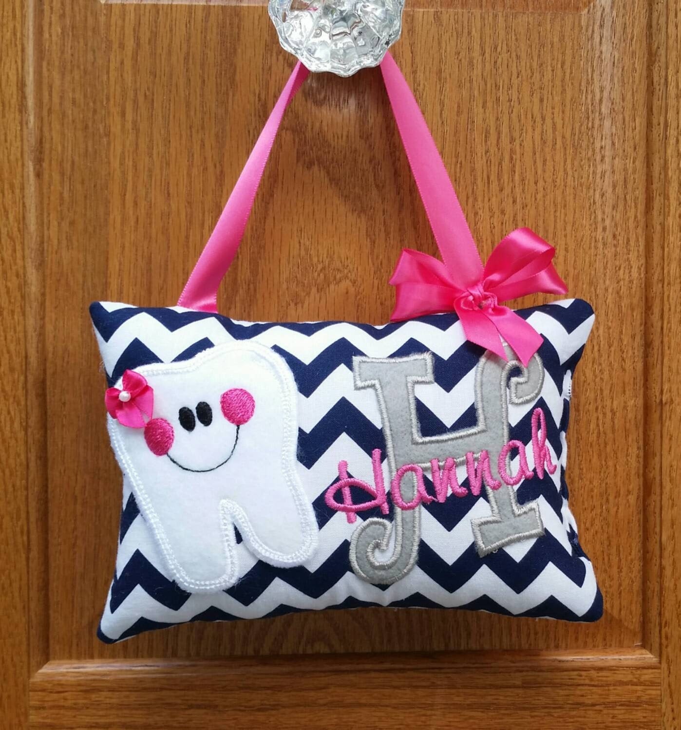Personalized Girls Tooth Fairy Pillow navy and white chevron, optional tooth chart ,
