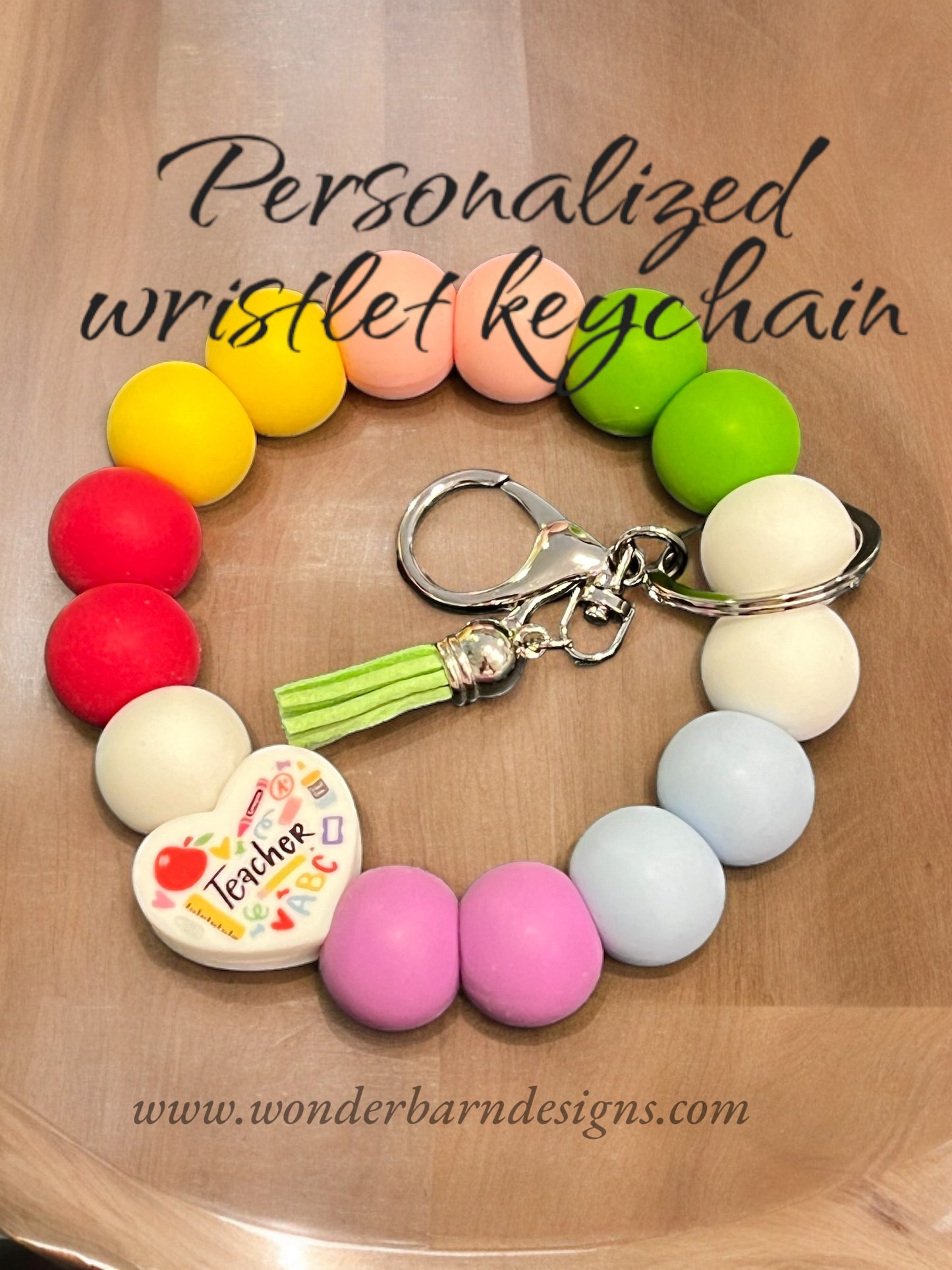 Personalized beaded bangle wristlet keychain for Teacher with optional embroidered wallet