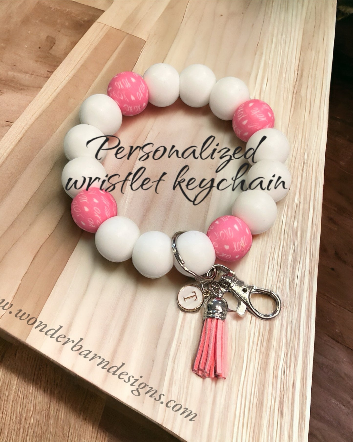 Personalized beaded bangle wristlet keychain with optional embroidered wallet