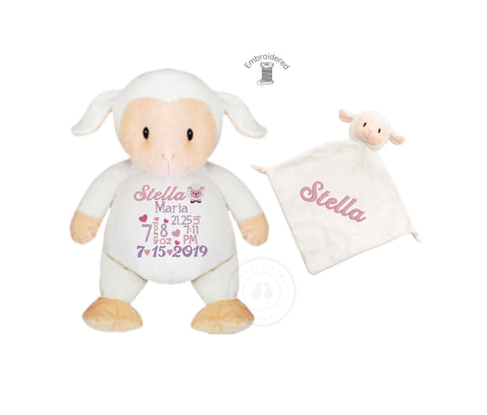 Personalized Embroidered Birth Stat Stuffed Animal With Optional Matching Lovey