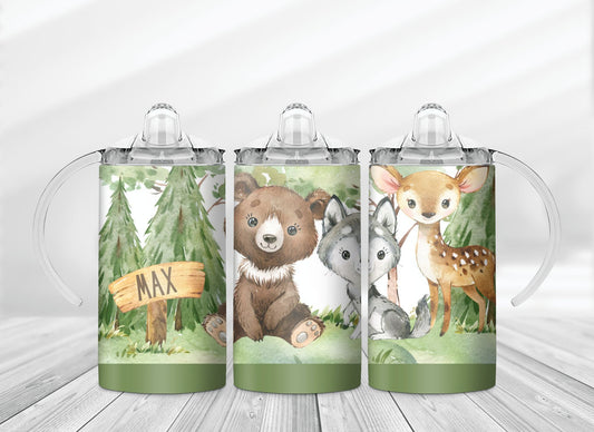 Personalized 12 oz sippy cup tumbler, dual lids, woodlands theme