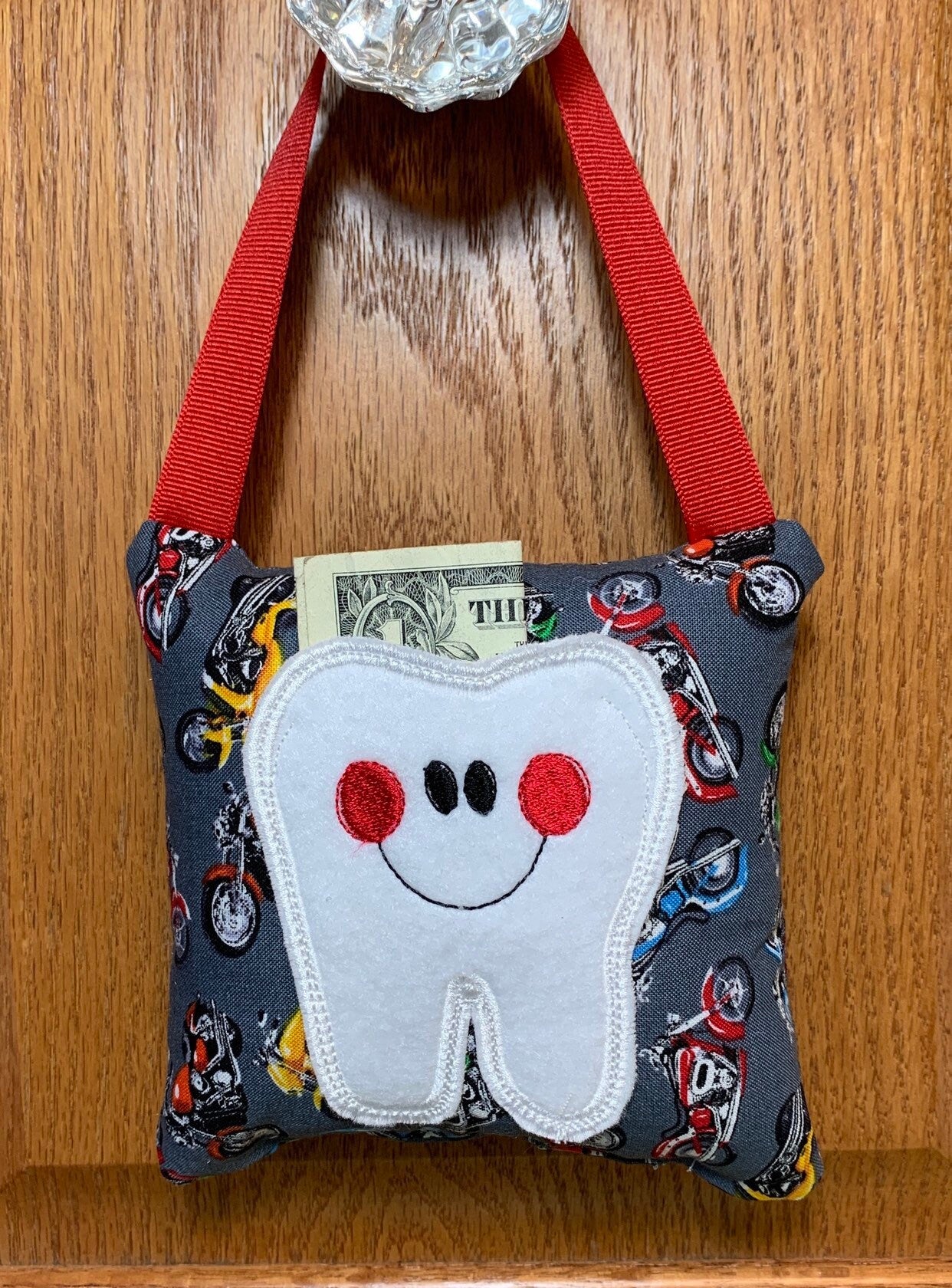 Tooth fairy pillow with optional tooth chart, motorcycle pattern, ,