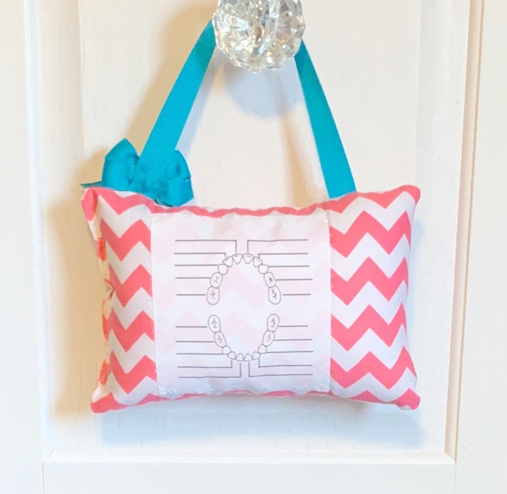 Personalized tooth fairy pillow for girls pink and white chevron, available tooth chart ,