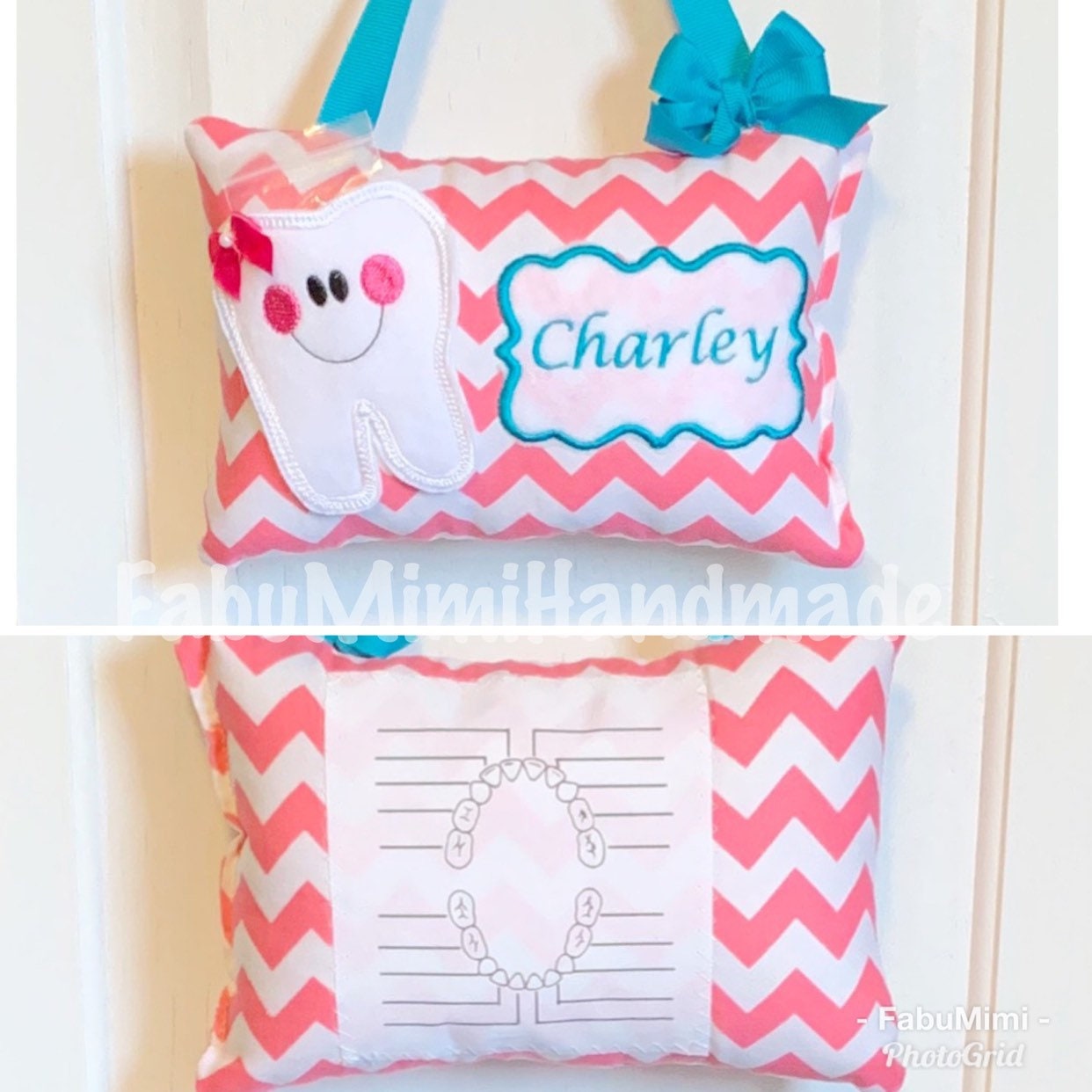 Personalized tooth fairy pillow for girls pink and white chevron, available tooth chart ,