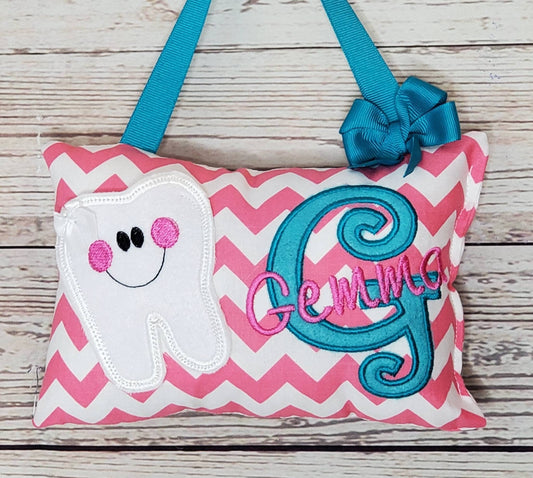 Personalized tooth fairy pillow for girls pink and white chevron, available tooth chart ,