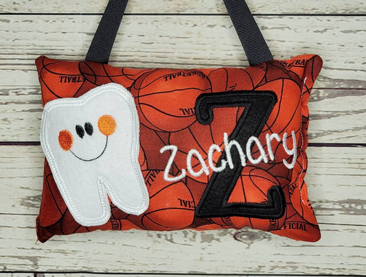 Boys tooth fairy pillow, basketball, optional tooth chart available ,