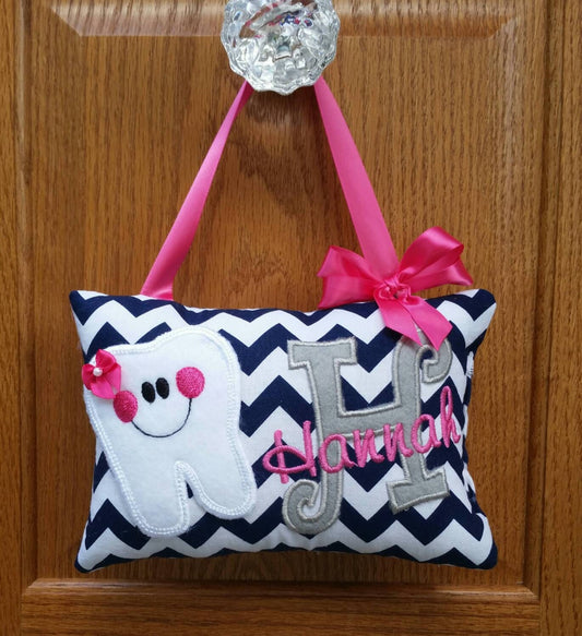 Personalized Girls Tooth Fairy Pillow navy and white chevron, optional tooth chart ,