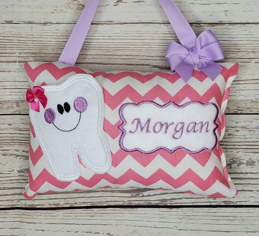 Personalized Tooth Fairy Pillow for Girl pink and white chevron, choose your version, optional tooth chart ,