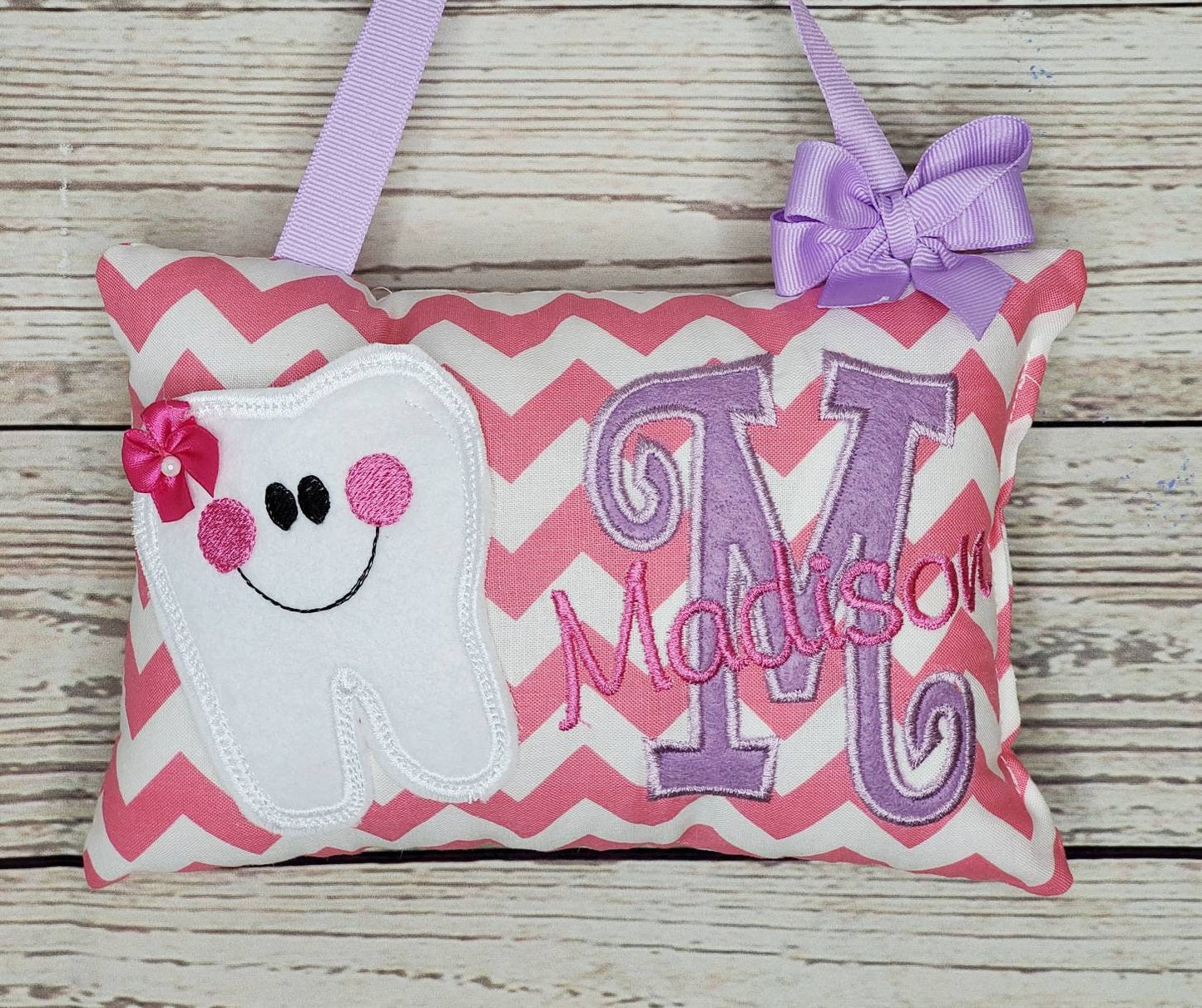 Personalized Tooth Fairy Pillow for Girl pink and white chevron, choose your version, optional tooth chart ,