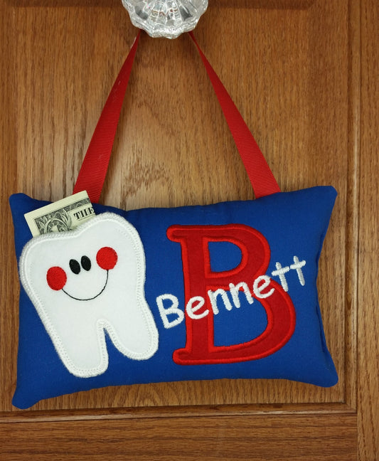 Personalized tooth fairy pillow, blue and red, (choose your colors) optional tooth chart available,  ,