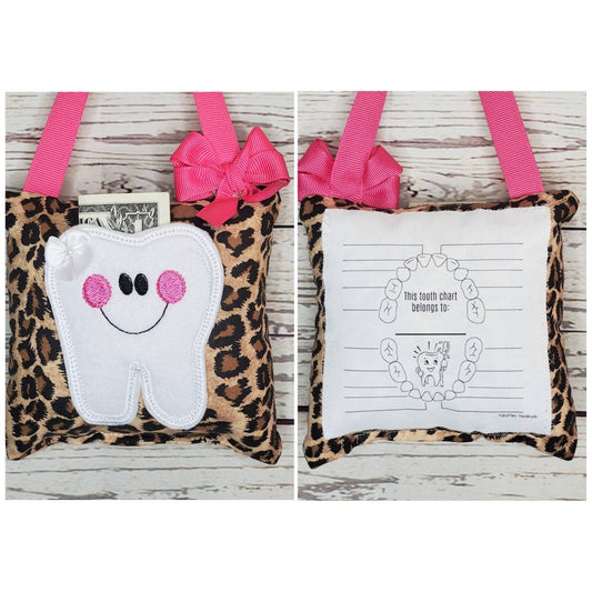 Tooth fairy pillow with optional tooth chart, leopard pattern, ,