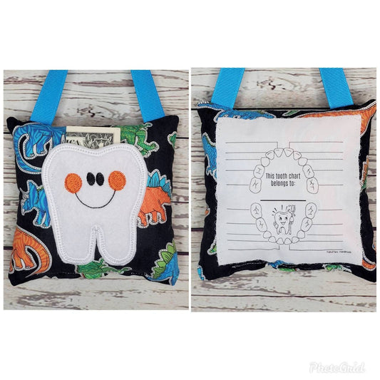 Tooth fairy pillow with tooth chart, dinosaur, ,