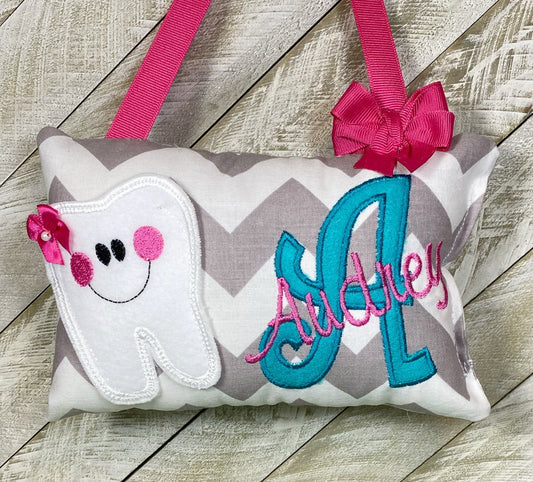 Personalized Girls Tooth Fairy Pillow gray and white chevron, optional tooth chart available ,