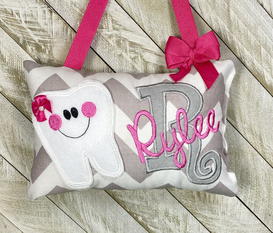 Personalized Girls Tooth Fairy Pillow gray and white chevron, optional tooth chart ,