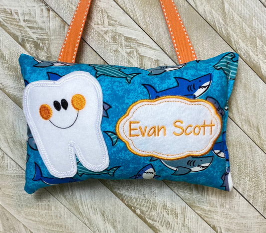 Boys personalized tooth fairy pillow shark theme, choose your version, available tooth chart, ,