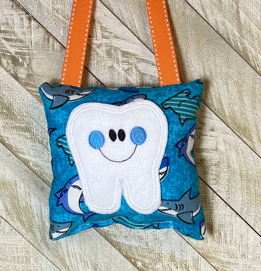 Tooth fairy pillow with tooth chart, shark, ,