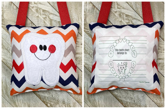 Tooth fairy pillow with tooth chart, navy, red, gray, orange chevron pattern