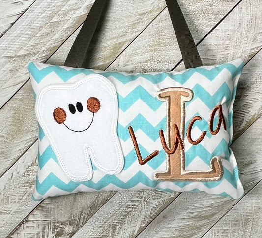 Tooth fairy pillow, blue and white chevron, optional tooth chart, ,