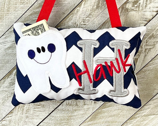 Personalized boys tooth fairy pillow navy and white chevron, choose your version, tooth chart available, ,