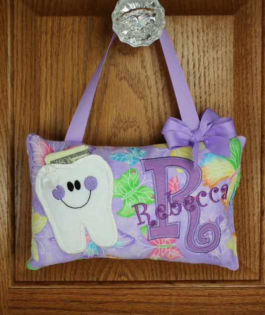 Personalized Tooth Fairy Pillow for Girl purple butterfly pattern, choose your version ,