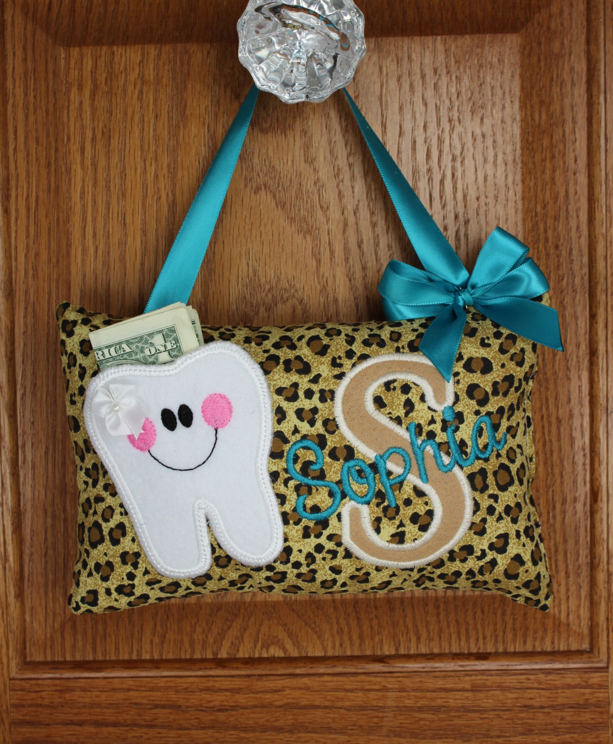 Girls personalized Tooth Fairy Pillow leopard pattern, choose your version, optional tooth chart ,