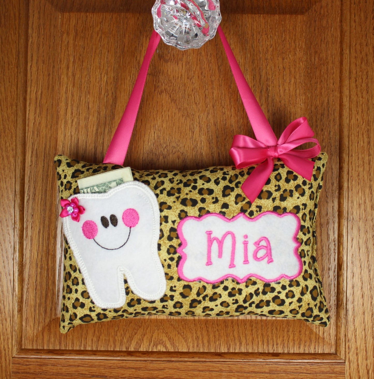 Girls personalized Tooth Fairy Pillow leopard pattern, choose your version, optional tooth chart ,