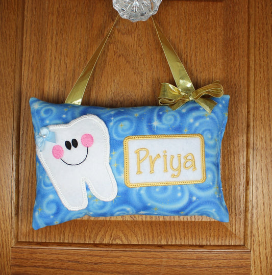 Personalized tooth fairy pillow, blue with gold stars and gold ribbon, optional tooth chart available ,