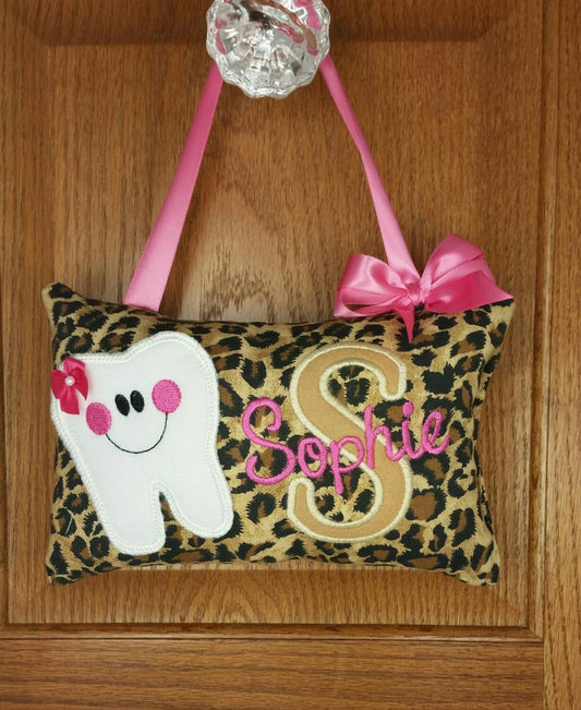 Girls personalized Tooth Fairy Pillow leopard pattern, choose your version, optional tooth chart ,