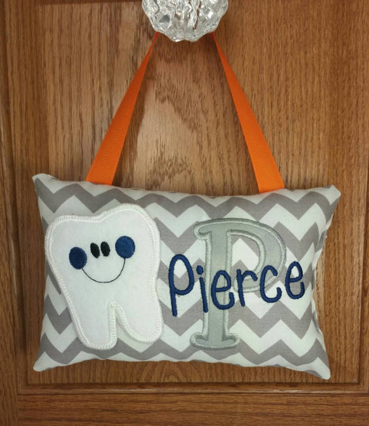 Tooth fairy pillow, gray and white chevron, optional tooth chart, ,