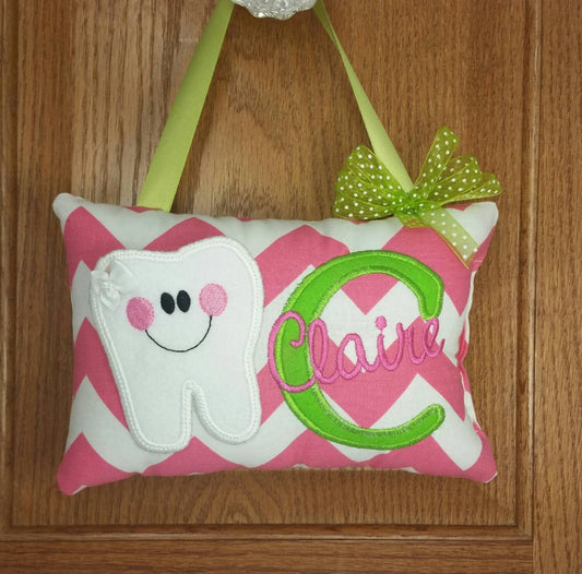 Personalized tooth fairy pillow for girls pink and white chevron, optional tooth chart available ,