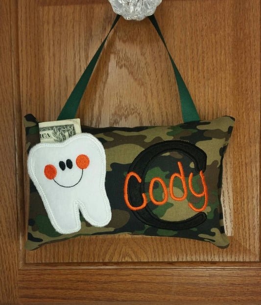 Personalized tooth fairy pillow, camo theme, optional tooth chart. ,