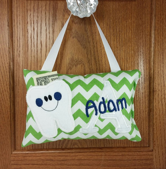 Personalized tooth fairy pillow, green and white chevron, optional tooth chart, ,