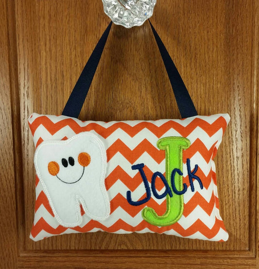 Personalized boys tooth fairy pillow orange and white chevron, optional tooth chart available