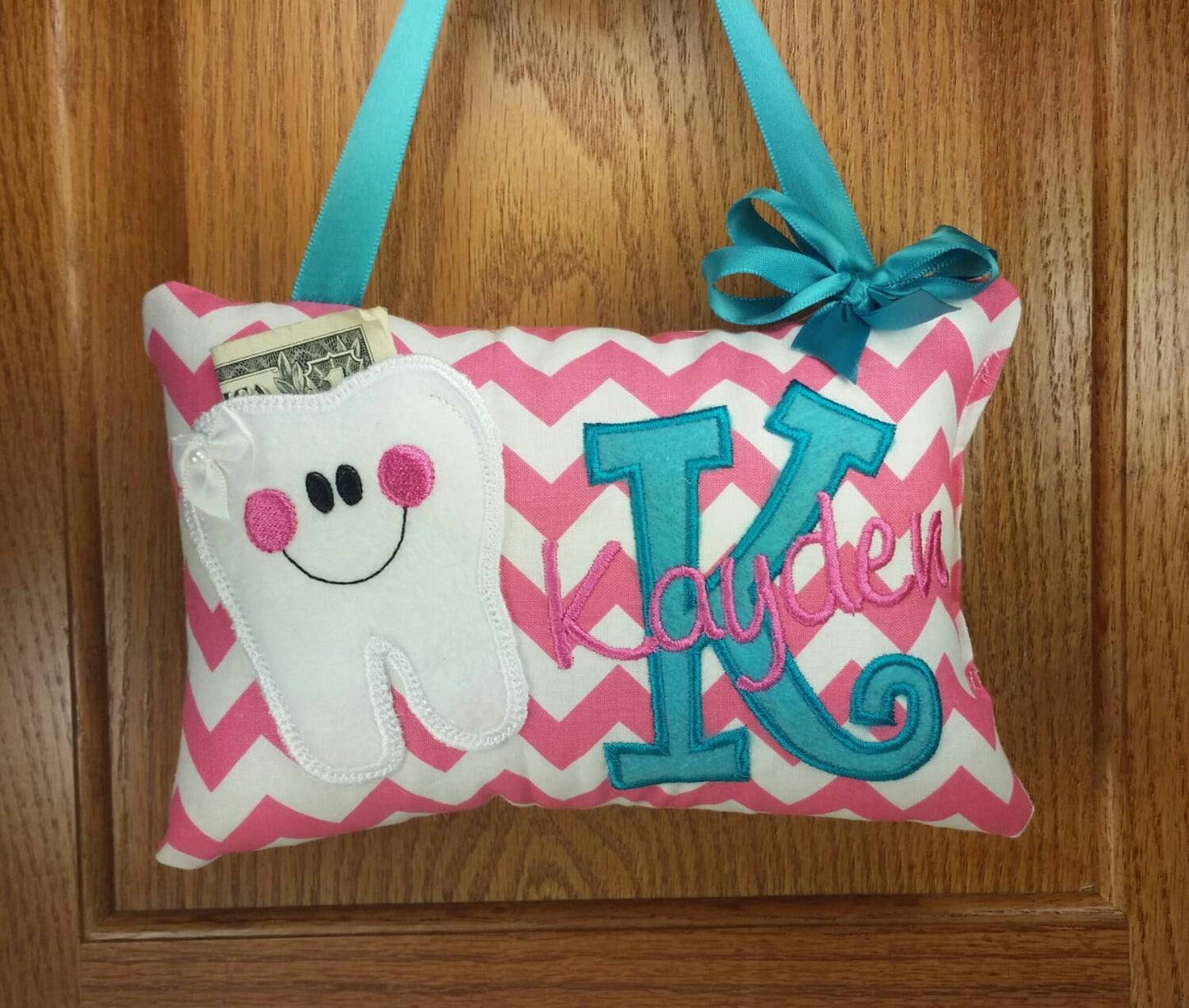 Personalized Tooth Fairy Pillow for Girl pink and white chevron, choose your version, optional tooth chart ,