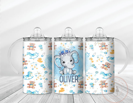 Personalized 12 oz sippy cup tumbler, dual lids, blue with elephant