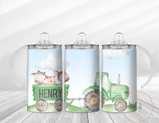 Personalized 12 oz sippy cup tumbler, dual lids, green tractor and farm animals