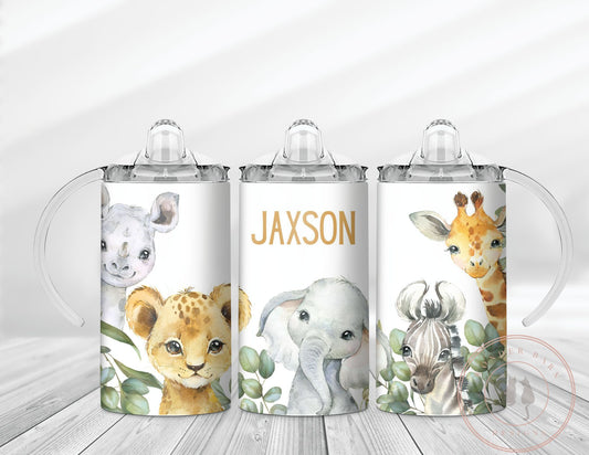 Personalized 12 oz sippy cup tumbler, dual lids, woodlands theme